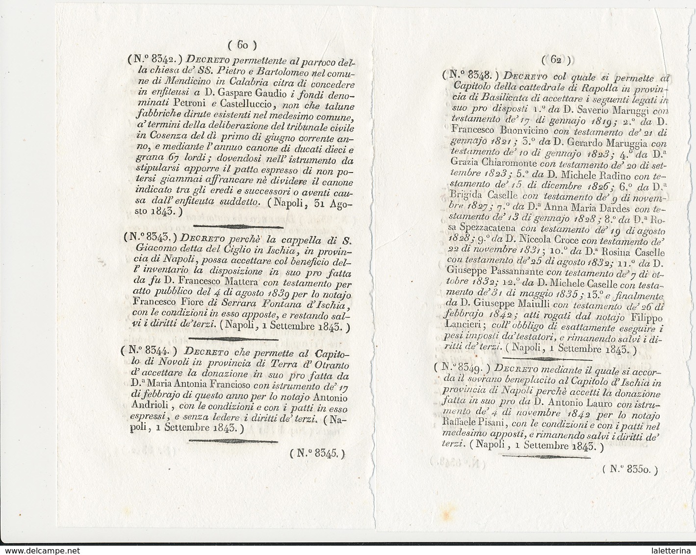 1843 REGNO DELLE DUE SICILIE DECRETO ISCHIA 2 DECRETI - Gesetze & Erlasse