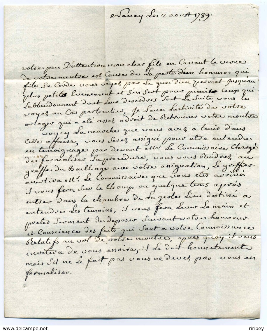 Lettre De NANCY ( Variété Sur Le Cachet : Elarissement ) / Dept 52 Maurthe / 2 Aout 1789 / Période Révolution - 1701-1800: Voorlopers XVIII
