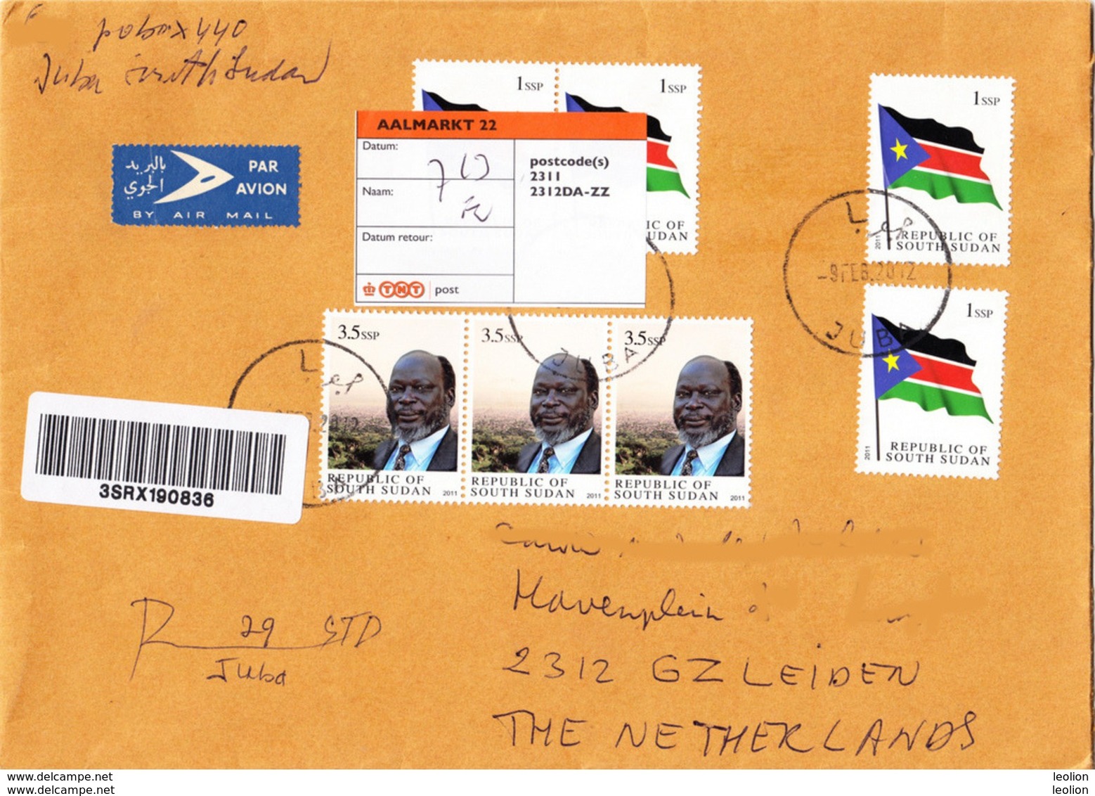 SOUTH SUDAN Registered Cover Postally Used To NL Feb 2012 W/ 4x 1 SSP National Flag And 3x 3.5 SSP Dr John Garang Stamps - Zuid-Soedan