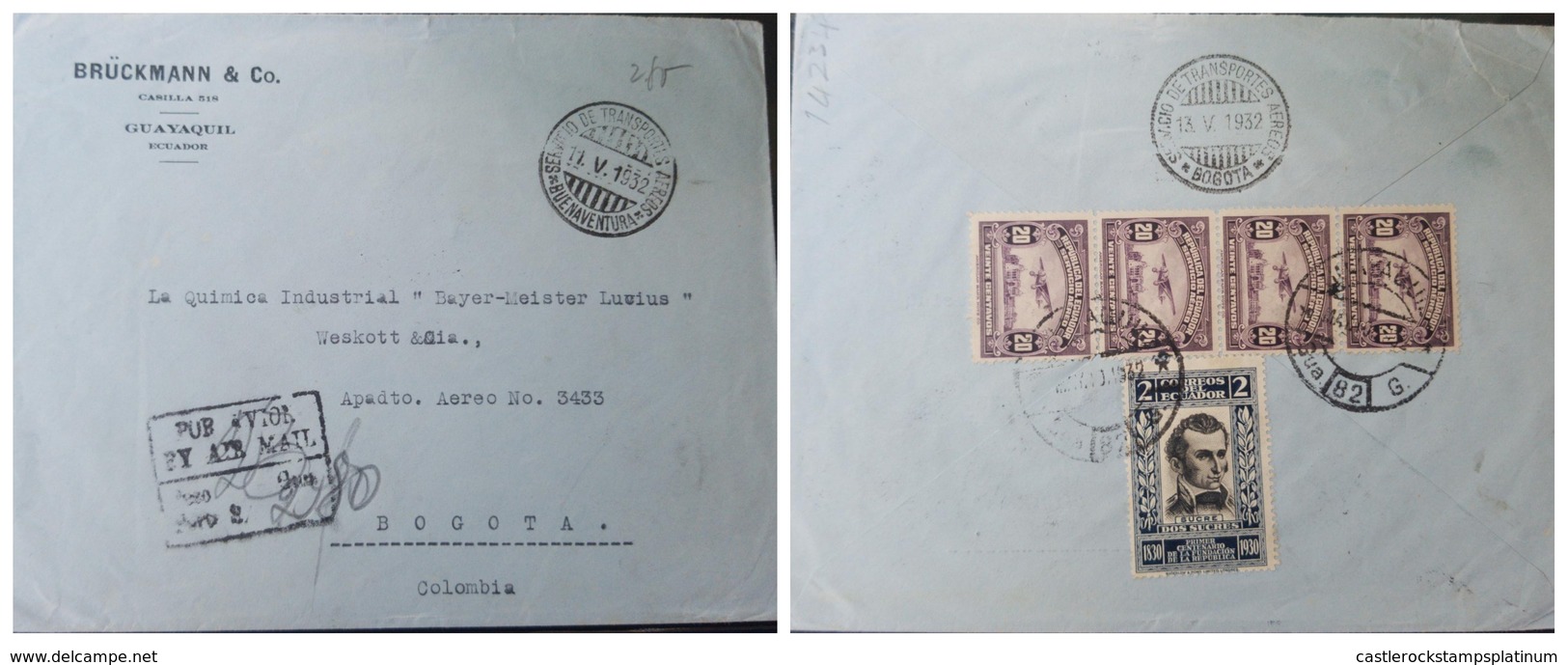 O) 1932 ECUADOR. SCADTA GUAYAQUIL VUA BUENAVENTURA AND BOGOTA, PLANE OVER GUAYAS SC C11  20c-ESTABLISHMENT OF COMMERCIAL - Covers & Documents