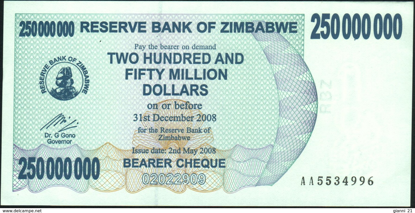 ZIMBABWE - 250.000.000 Dollars 02.05.2008 {redemption Date 31.12.2008} UNC P.59 - Zimbabwe