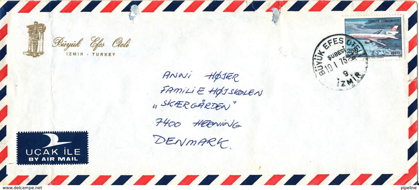 Turkey Air Mail Cover Sent To Denmark 19-1-1975 Single Franked Archive Holes On The Top Od The Cover - Posta Aerea