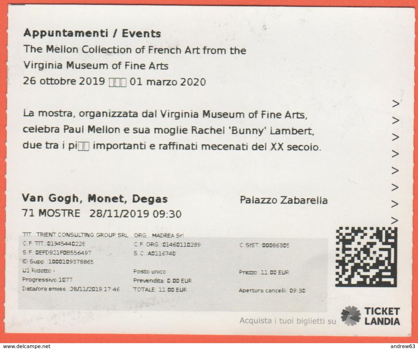 PADOVA - Palazzo Zabarella - Mostra "Van Gogh, Monet, Degas - The Mellon Collection - Biglietto D'ingresso - Usato - Tickets - Entradas