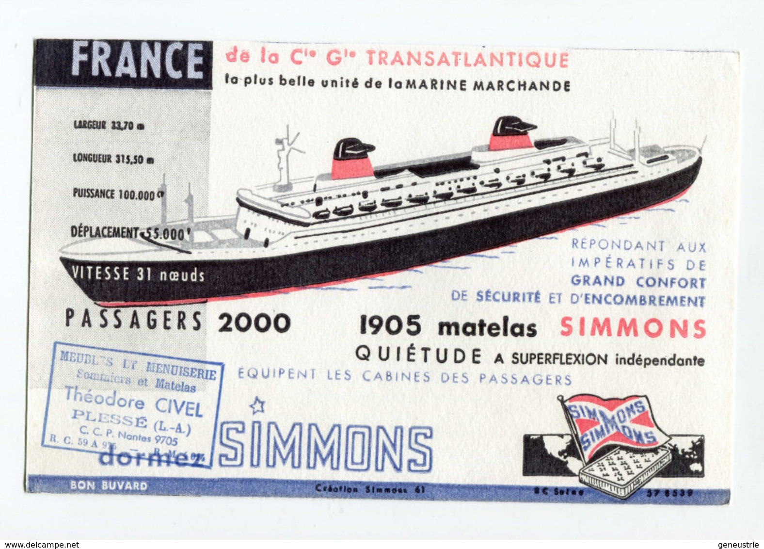 Beau Buvard "Paquebot France - Compagnie Générale Transatlantique - Matelas Simmons Théodore Civel à Plessé" French Line - Transports