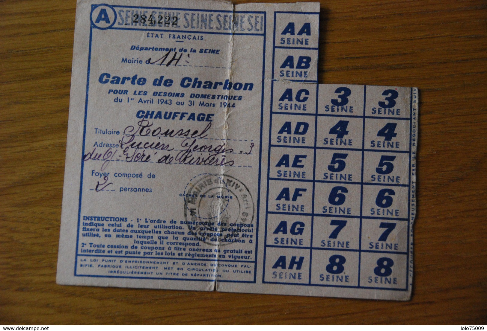 Rationnement - Carte De Charbon Seine - Documents Historiques