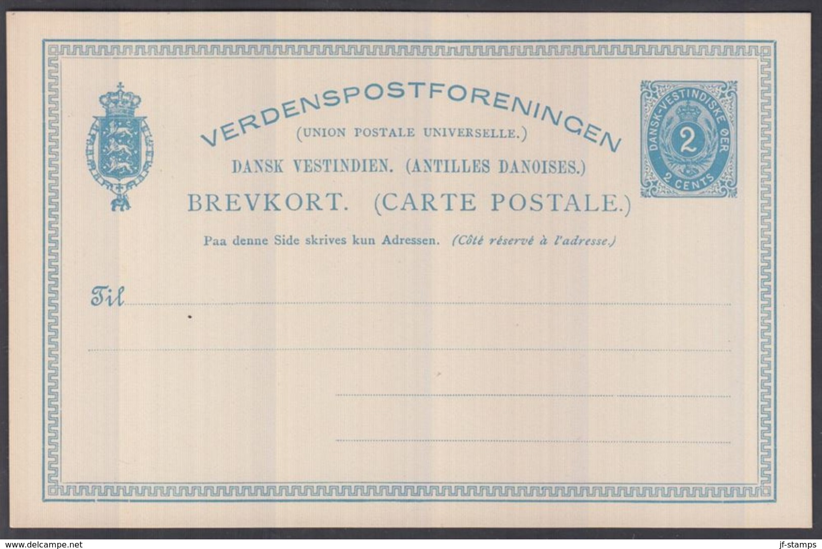 1887-1891. Bi-coloured Type. 2 CENTS Blue BREVKORT. 5 Text Lines. Only 17500 Issued. (Michel FACIT BK 4) - JF321530 - Danimarca (Antille)