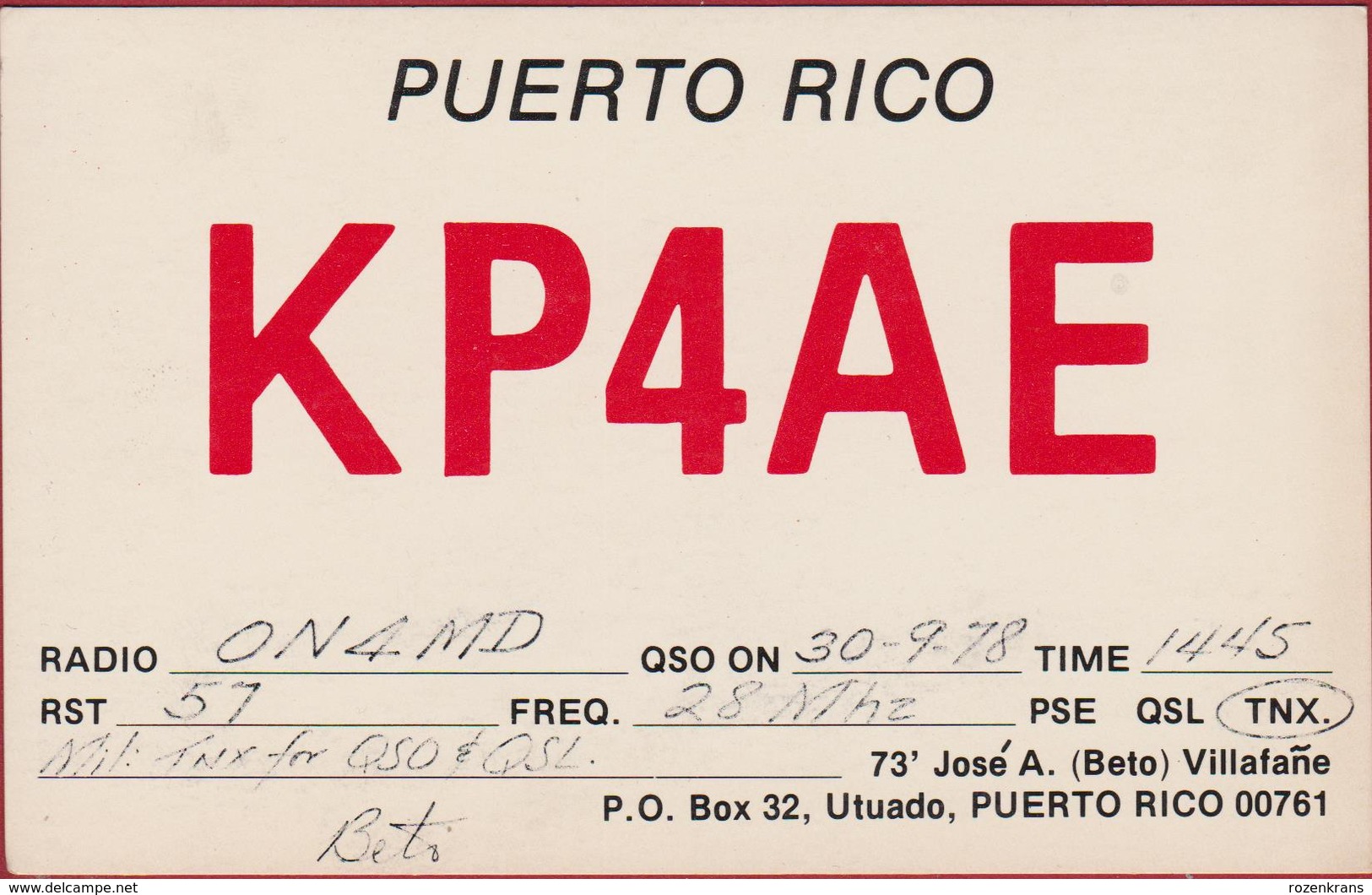 QSL Card Amateur Radio Station CB Puerto Rico Utuado - Radio Amateur