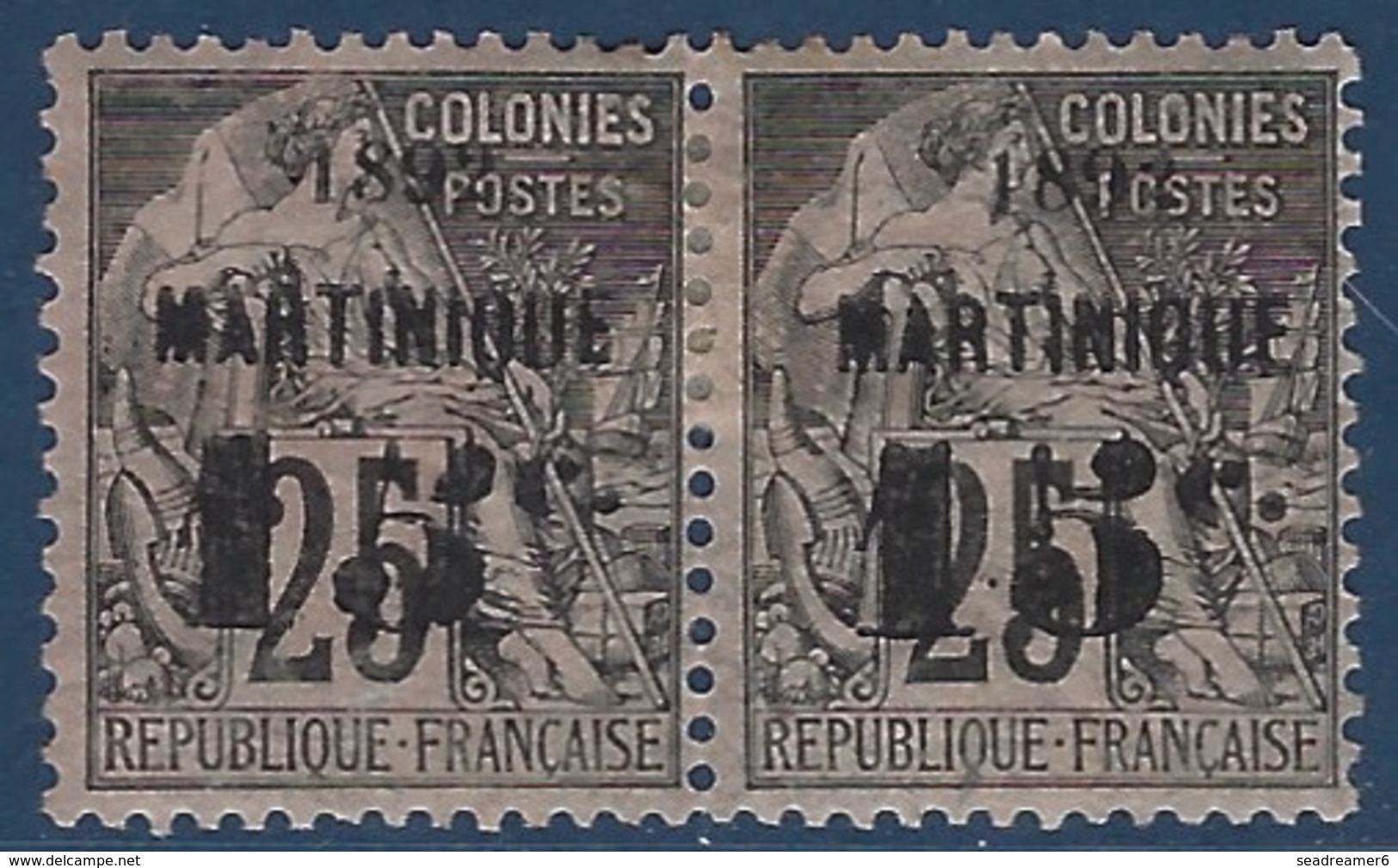 France Colonies Martinique N° 28b* En Paire Tenant à Normal Avec 5c Penché à 15c RR Signé Calves - Neufs