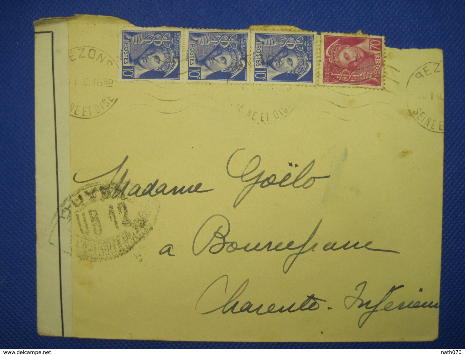 France 1940 BEZONS BOURCEFRANC Censure UP12 Enveloppe Cover Deutsches Reich Controle Postal Militaire - Guerre De 1939-45