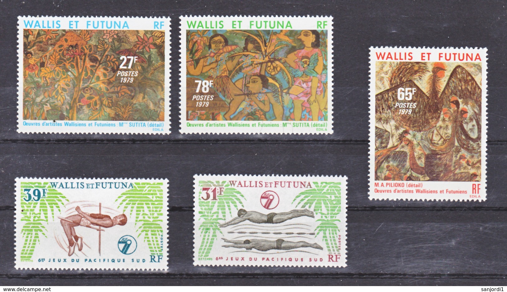 Wallis Et Futuna  243/244, 245/247 Jeux Du Pacifique Et Tableaux Gomme Tropicale Neuf ** MNH Sin Charmela Cote 13.6 - Neufs