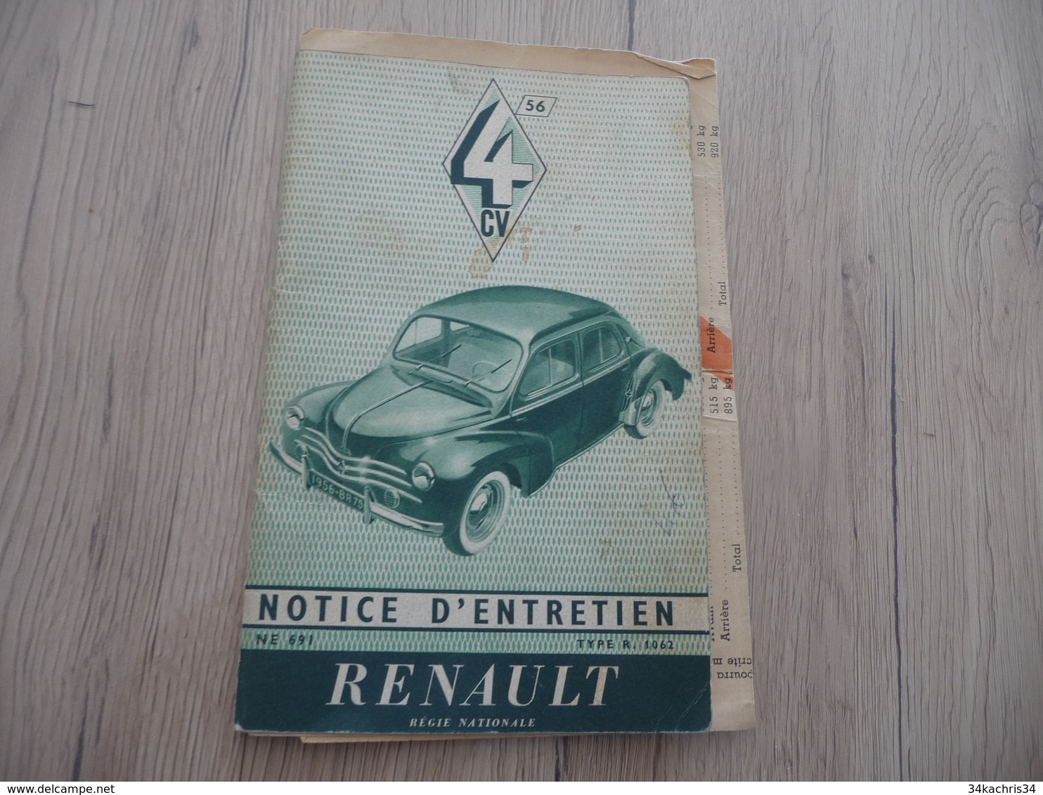 Notice D'Entretien Renault 4CV 56 Type R 1062 + Notice Descriptive - Voitures