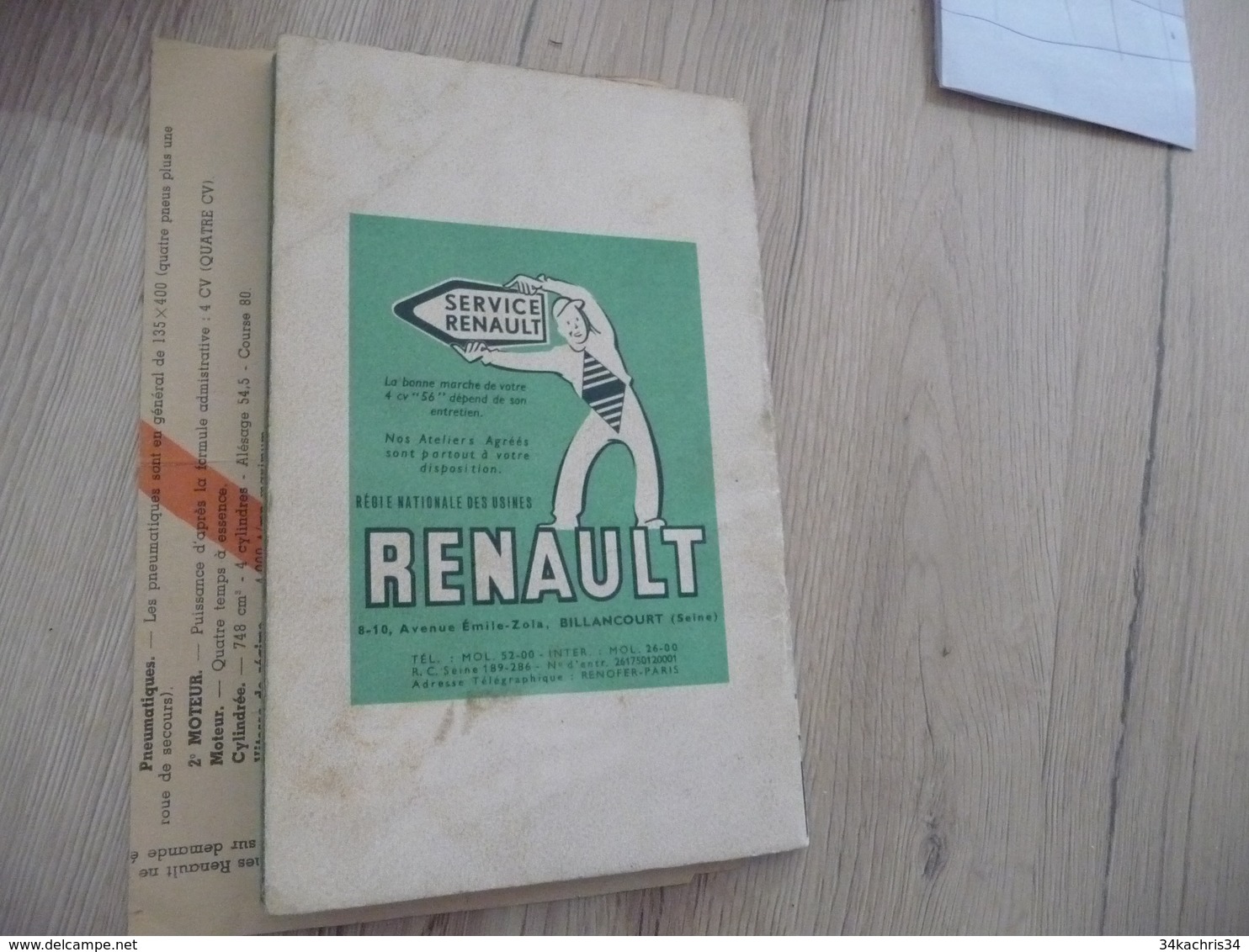 Notice d'Entretien Renault 4CV 56 Type R 1062 + notice descriptive