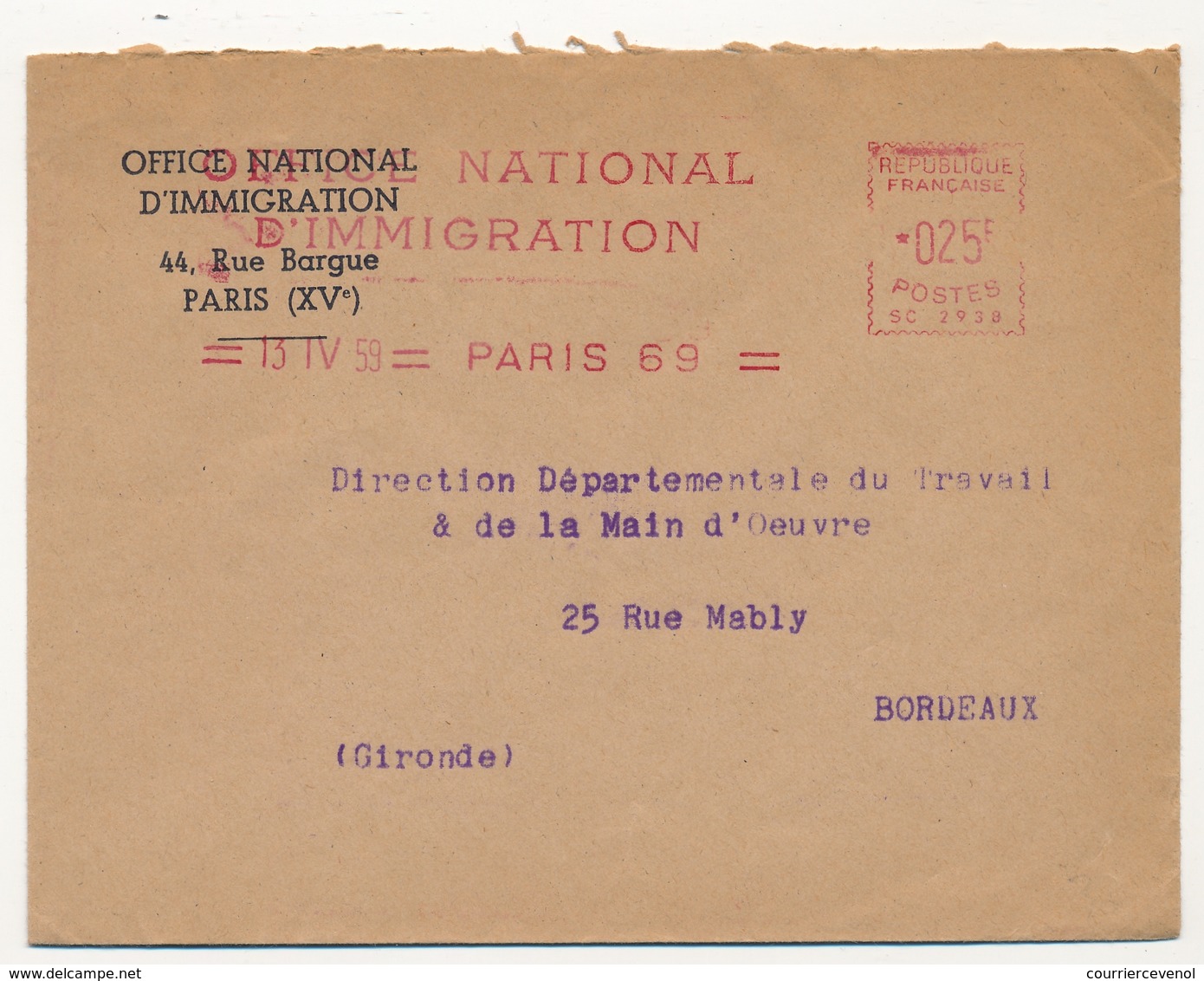 FRANCE - Env. En Tête Office National D'Immigration - EMA Idem - 13/4/1959 Paris 69 - EMA (Empreintes Machines à Affranchir)