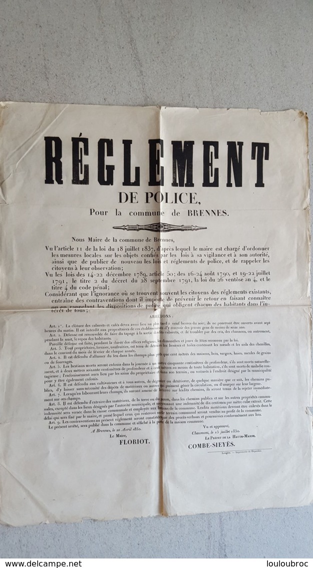 BRENNES DOCUMENT HISTORIQUE ORIGINAL  REGLEMENT DE POLICE 1850  FORMAT  62 X 48 CM - Posters