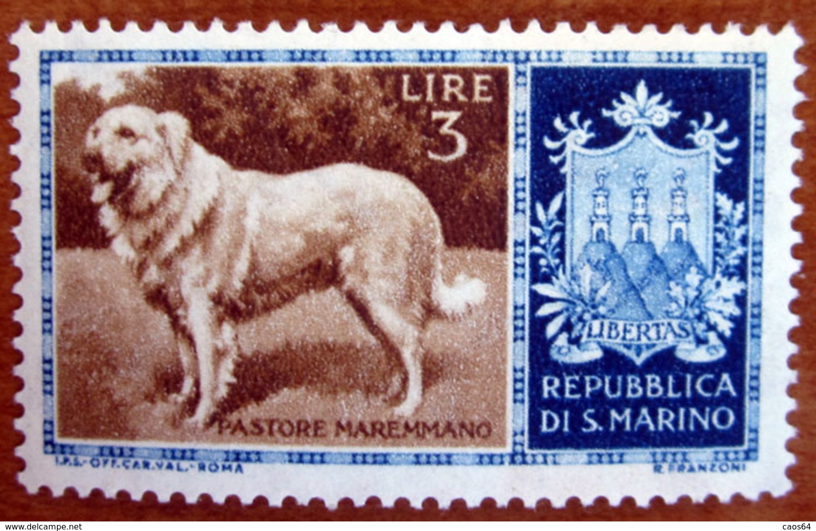 1956 SAN MARINO Stemmi Animali Cani Di Razza Dog Maremmano Maremma Shepdog (Canis Lupus Familiaris)  - Lire 3 Nuovo - Neufs