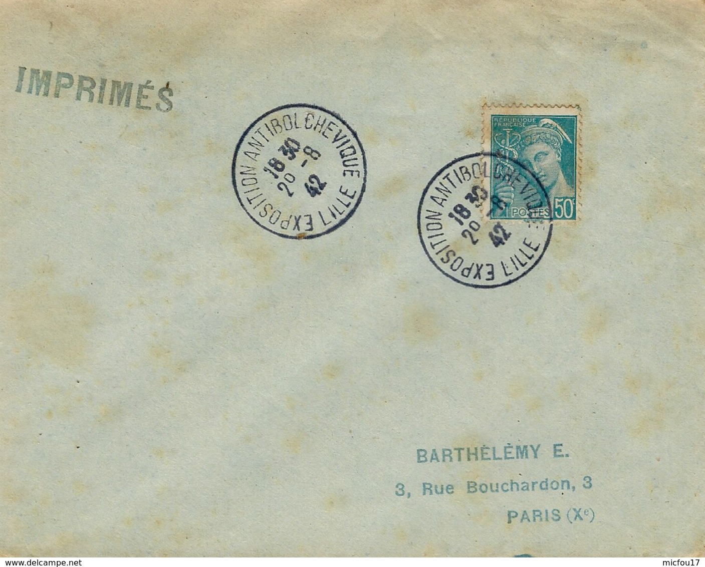 1942- Enveloppe Affr. 50 C Mercure Oblit. EXPOSITION ANTIBOLCHEVIQUE / LILLE - Guerre De 1939-45