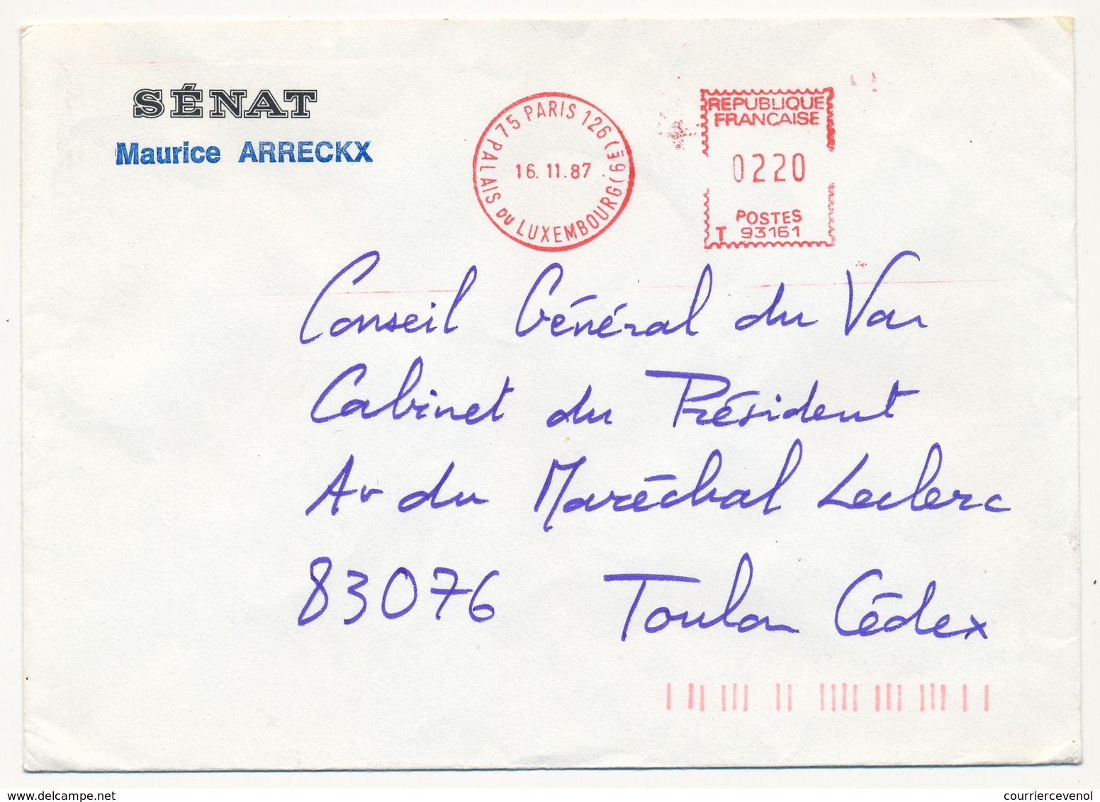 FRANCE - Env En Tête SENAT - EMA Paris 126 Palais Du Luxembourg - 16/11/1987 - EMA ( Maquina De Huellas A Franquear)