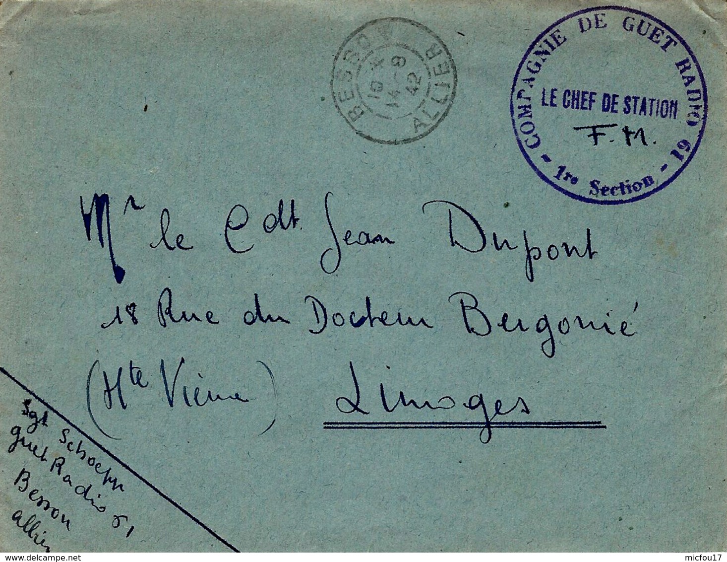 1942- Enveloppe En F M De Besson ( Allier ) " Compagnie De GUET RADIO 61 - 1re Section - Guerre De 1939-45