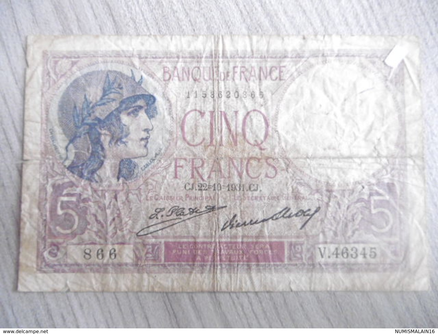 (CAISSE)-BILLET 5 FRANCS-VIOLET-22.10.1931-CIRCULE - 5 F 1917-1940 ''Violet''