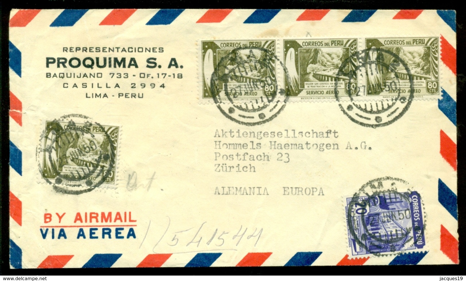 Peru 1950 Airmail Cover From Proquima S.A. Lima To Zurich - Peru