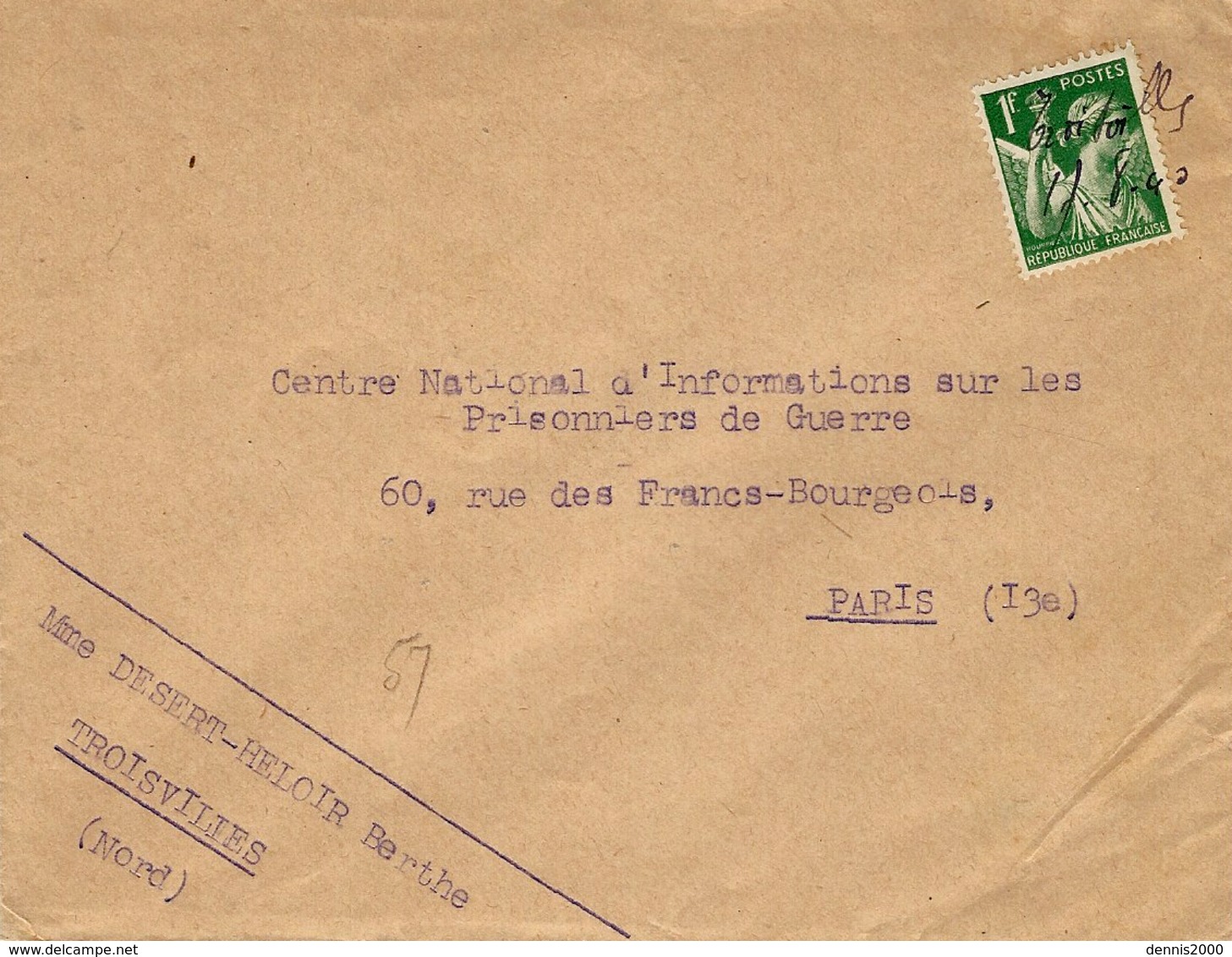 17- 8-40 - Enveloppe Affr. IRIS 1 F. Vert  Oblit. De Fortune Manuscrite Troisvilles  / 17-8-40 - Guerre De 1939-45