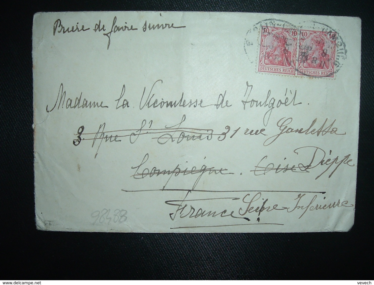 LETTRE TP GERMANIA CASQUE 10 X2 OBL. AMBULANT 14 8 11 BERLIN - HAMBURG à VICOMTESSE DE TOULGOET à COMPIEGNE 60 DIEPPE 76 - Lettres & Documents