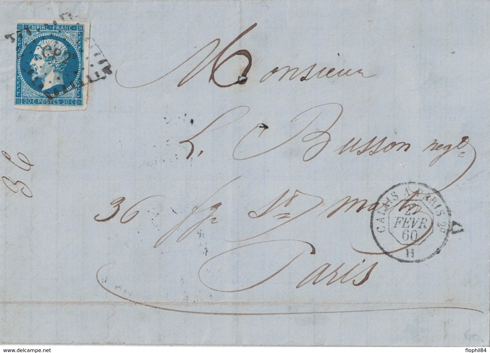 NORD - LILLE - LETTRE AVEC TEXTE POUR PARIS - EMPIRE N°14 OBL.LOSANGE AMBULANT CP2° - CALAIS A PARIS 2° H - 27-2-1860. - 1849-1876: Periodo Classico