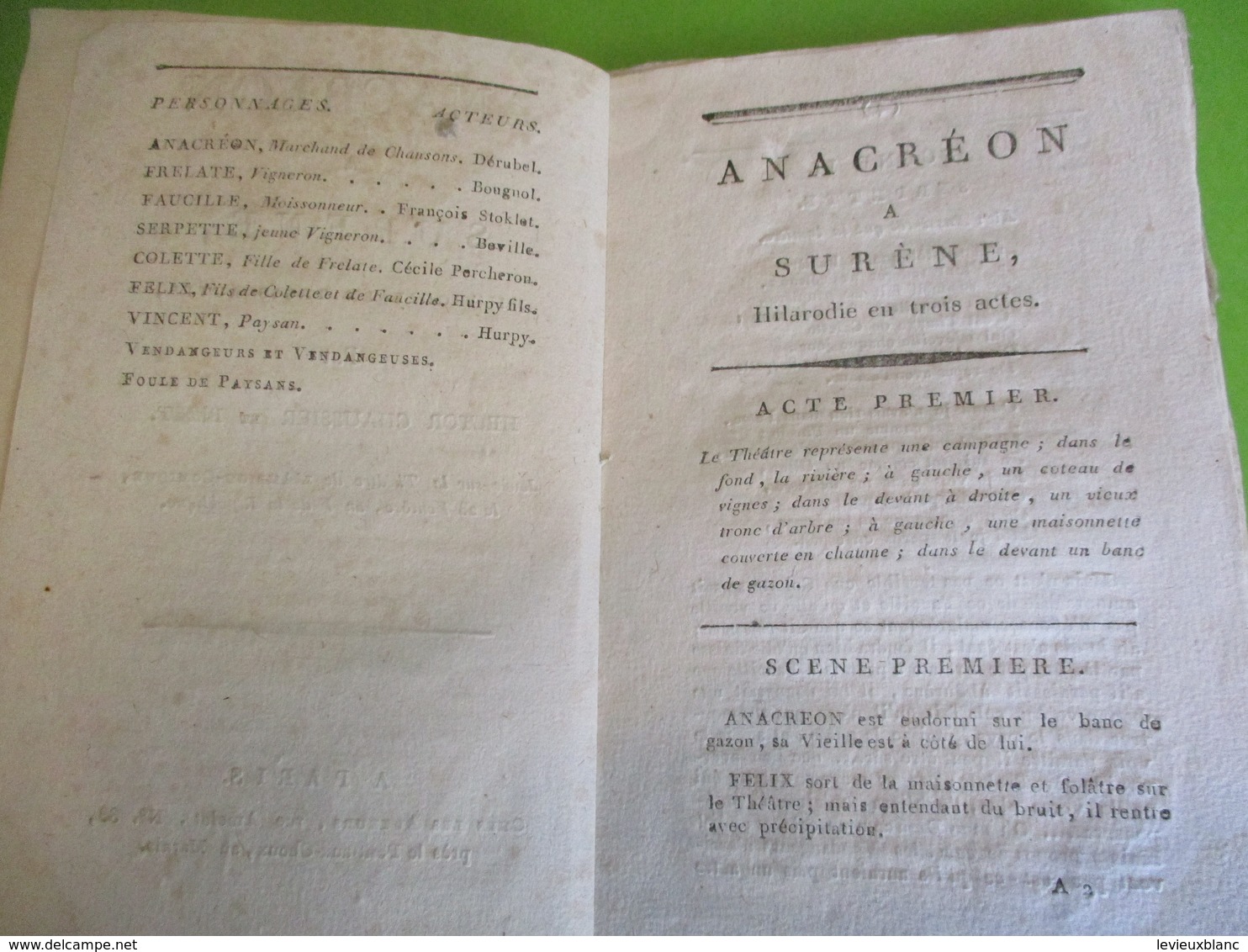 Fascicule Théâtre/"ANACREON à Surêne"/Hilarodie en trois actes/Hector CHAUSSIER & BIZET/Paris /An 5  République    FAT16