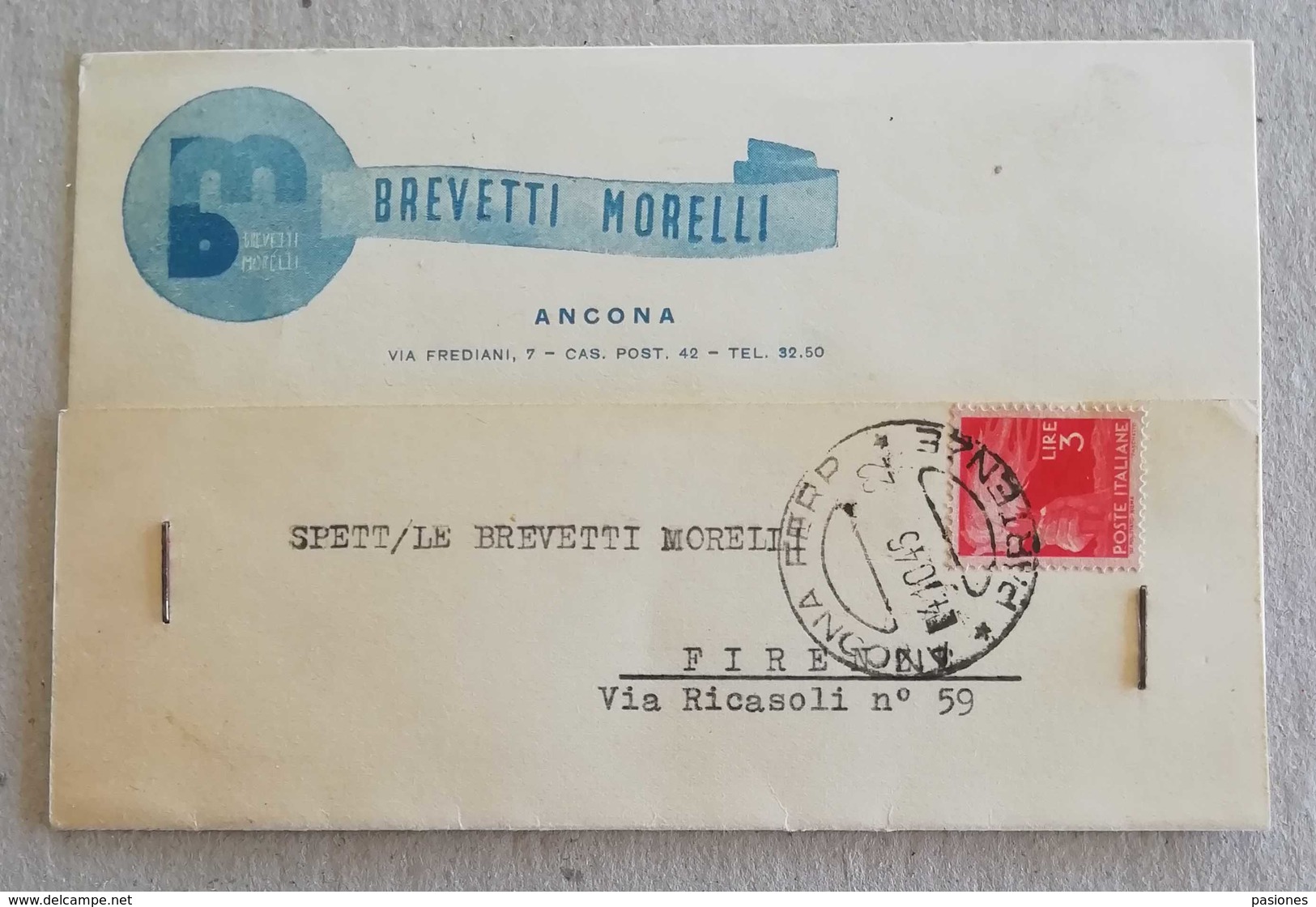 Cartolina Postale Con Testata Pubblicitaria "Brevetti Morelli" Ancona Per Firenze - 04/10/1946 - 1946-60: Storia Postale