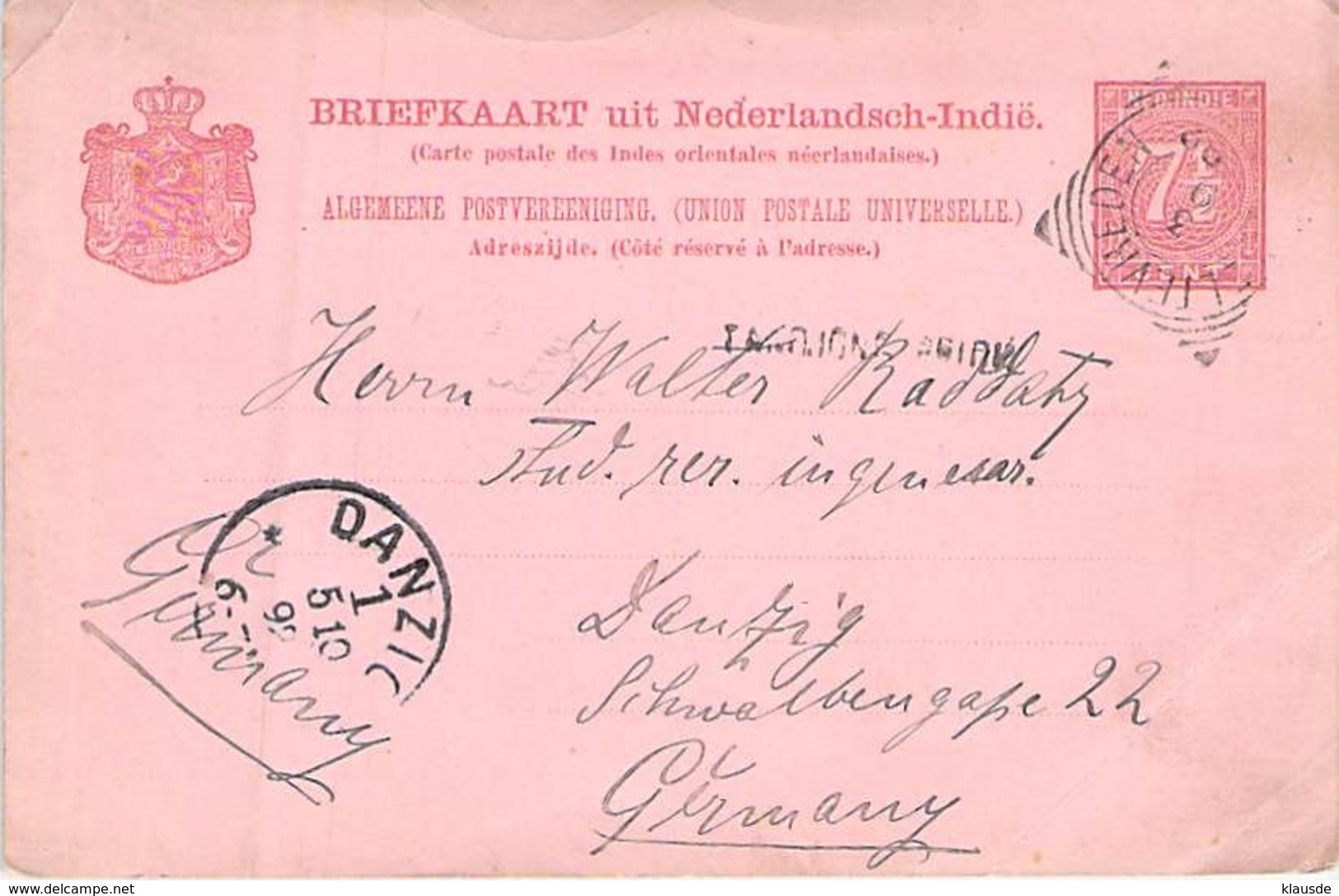 Briefkaart Niederl.Indie 1892 AKS Danzig - Indes Néerlandaises