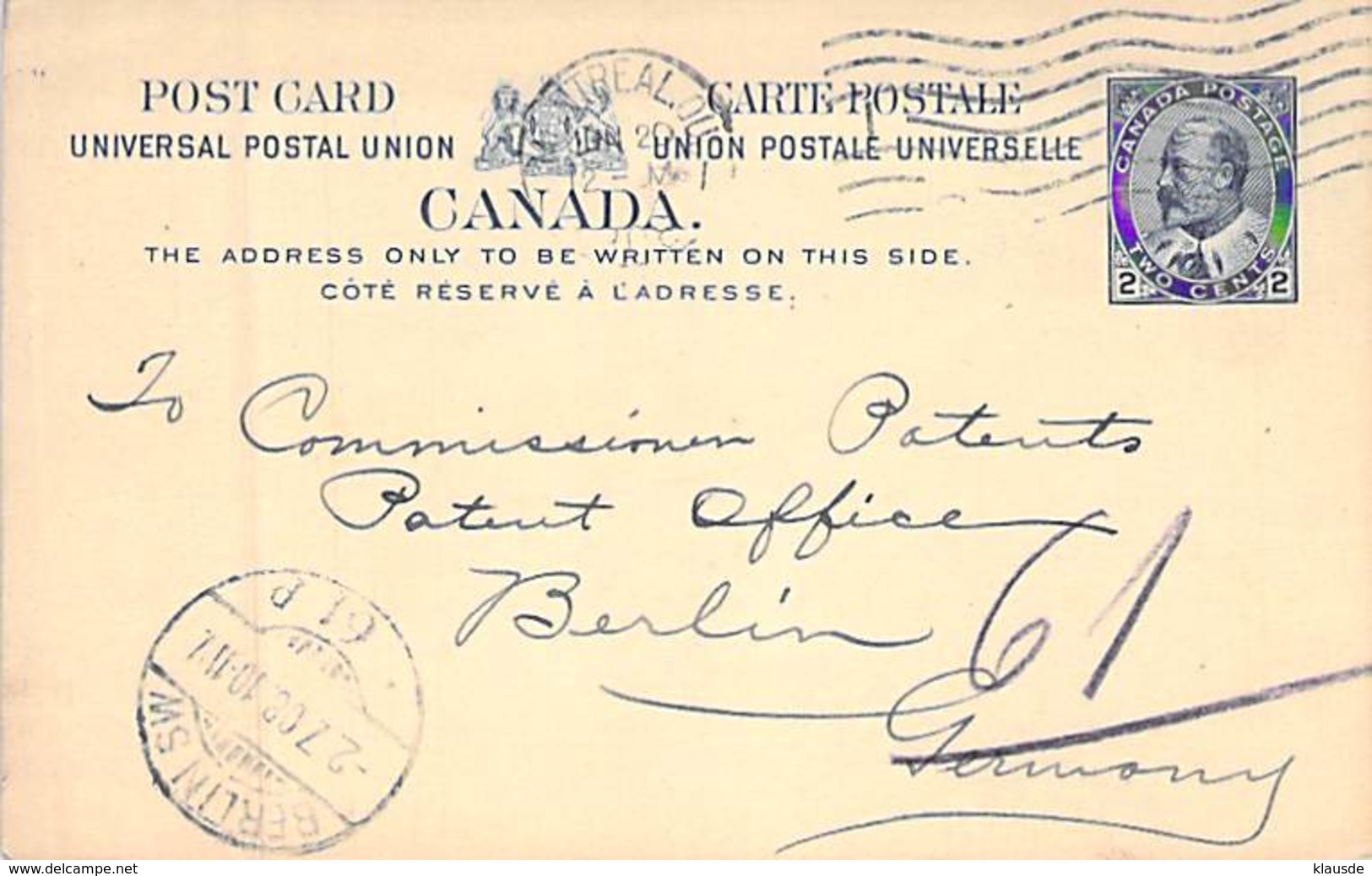 Ganssache 2 Cents Canada Montreal>Berlin 1908 AKS - Cartas & Documentos