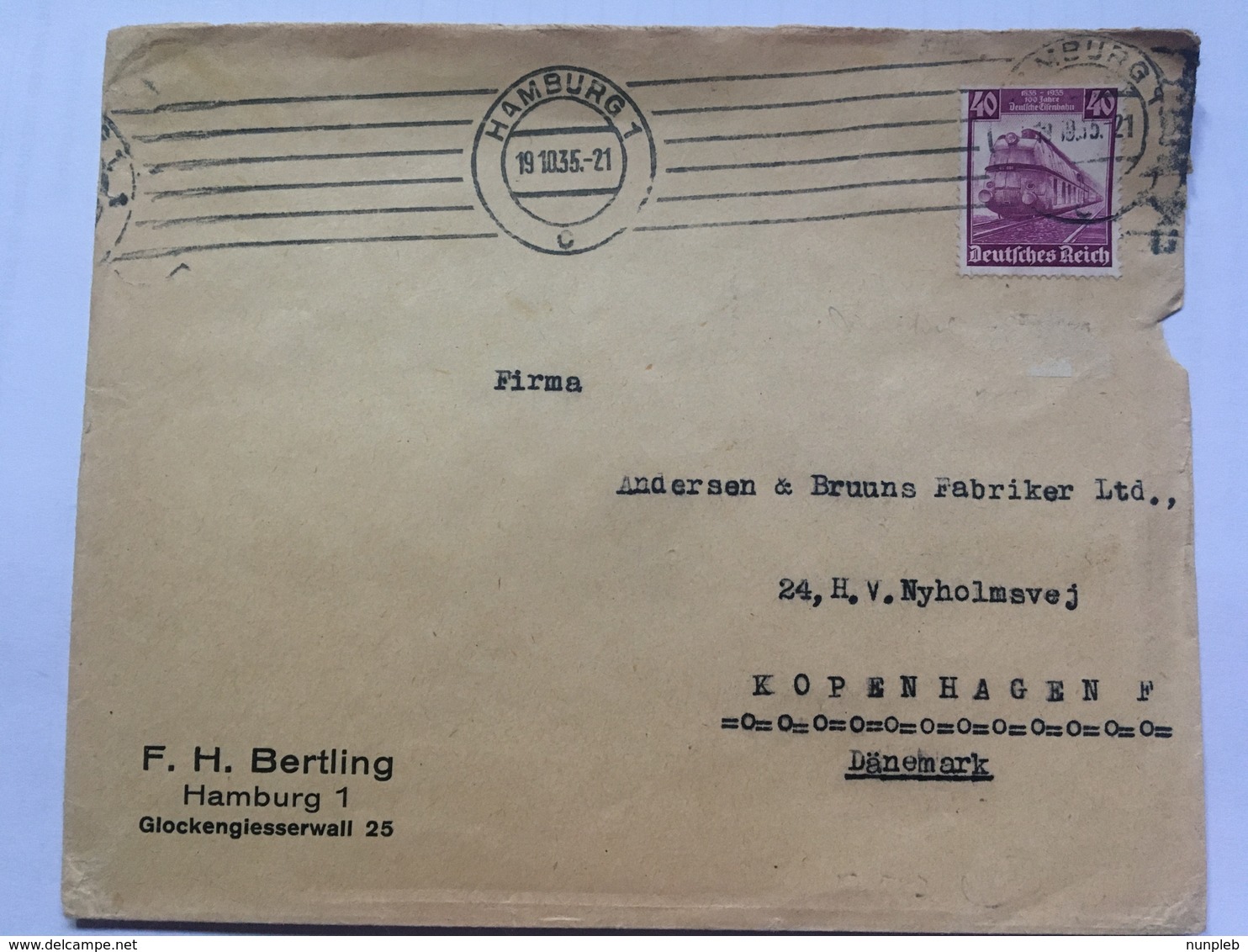 GERMANY 1935 Cover Hamburg To Copenhagen Tied With 40pf Railway Centenary - `F.H. Bertling` - Lettres & Documents