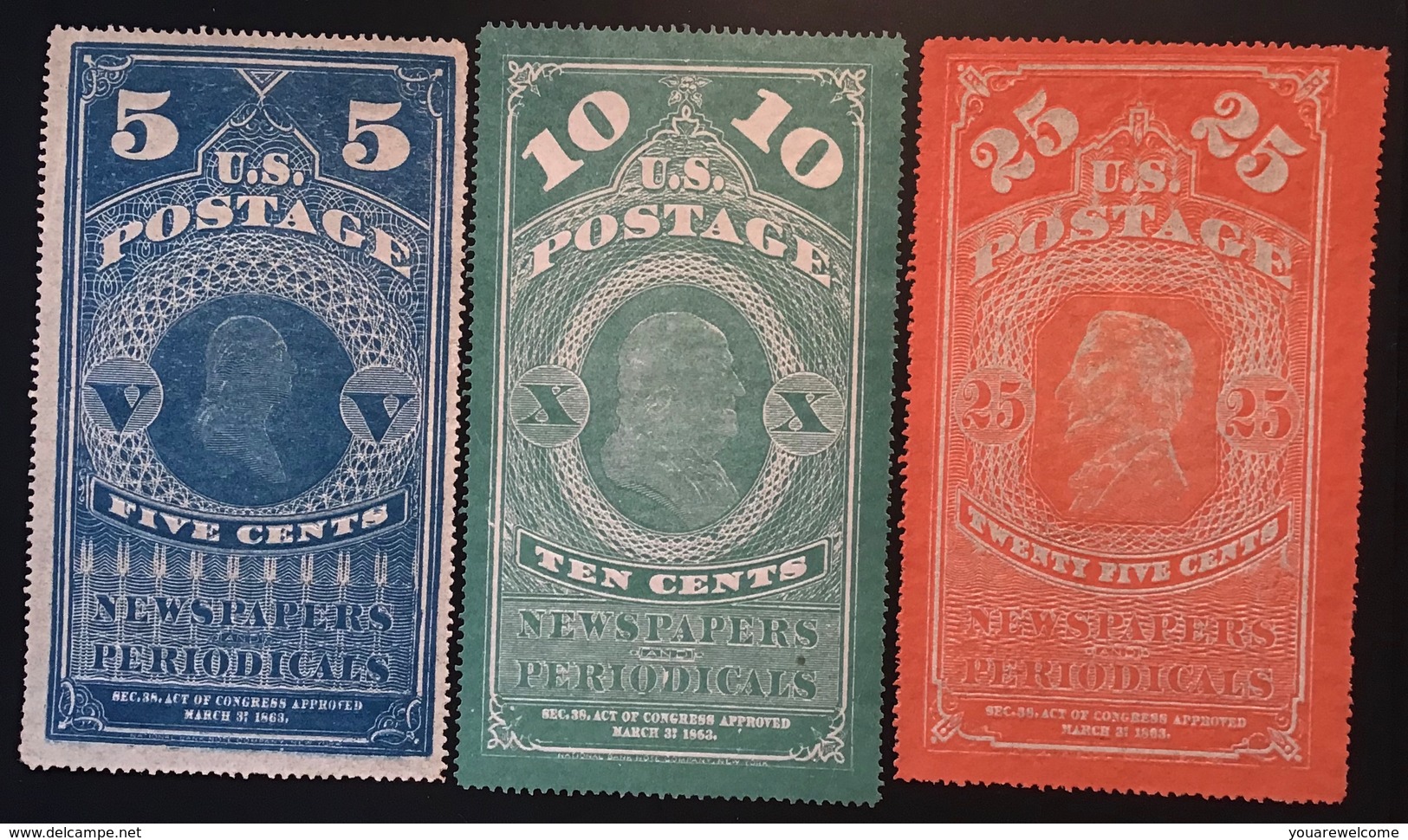 1865 Newspaper And Periodical Stamps 19th C. FORGERY Scott PR 1-3 (*) (US USA FAUX FALSCH Timbres Pour Journaux - Giornali & Periodici