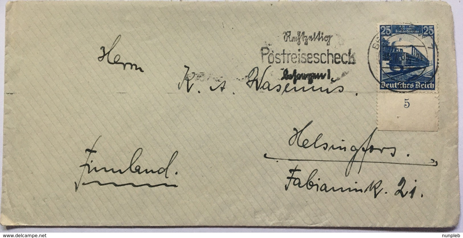 GERMANY 1935 Cover Berlin To Helsingfors Finland Tied With 25 Pf Railway Centenary And `Postreisescheck` Slogan Postmark - Lettres & Documents