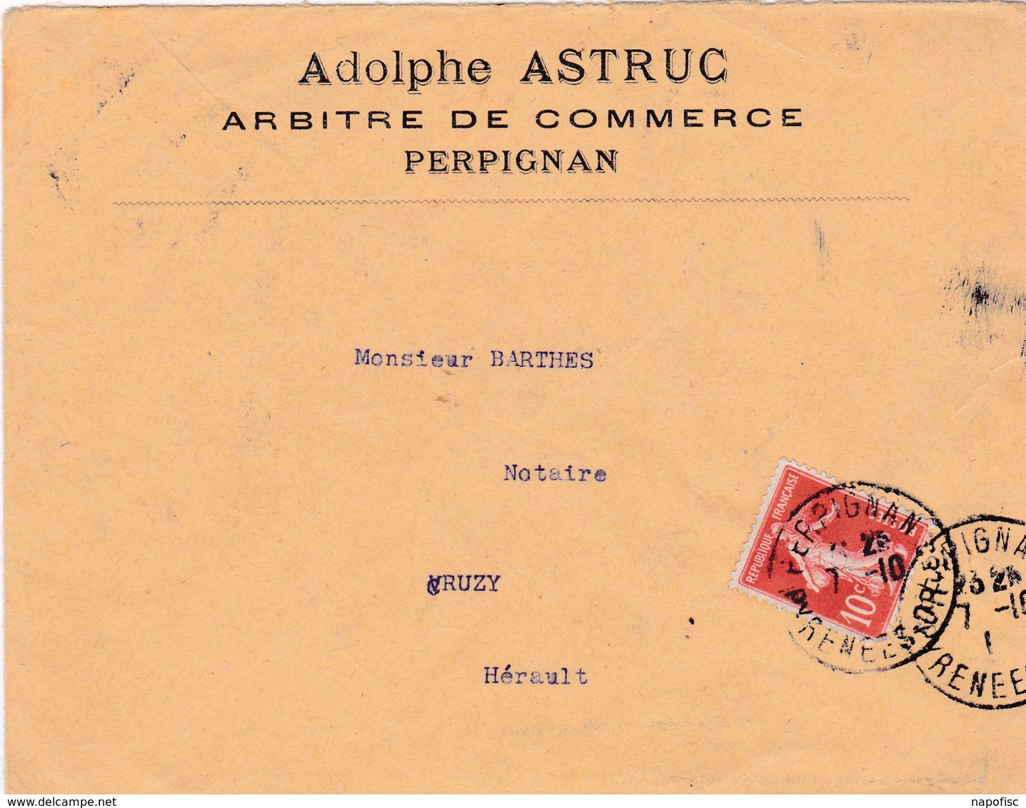 66-Enveloppe Publicitaire  A.Astruc..Arbitre De Commerce..Perpignan.(Pyrenées-Orientales)  1910 - 1900 – 1949