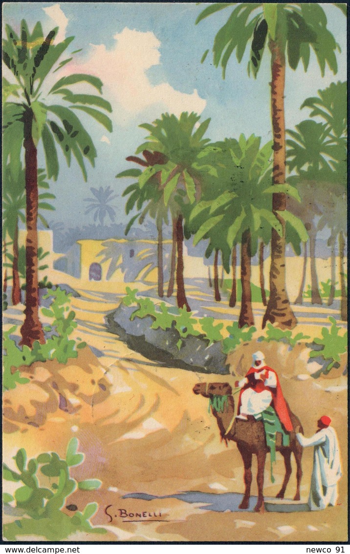 CARTOLINA OASI DI TRIPOLI ILLUSTRATORE S. BONELLI - ANNULLATA 'LIBYA * TRIPOLI CASH * 22.3.1960' - Altri & Non Classificati