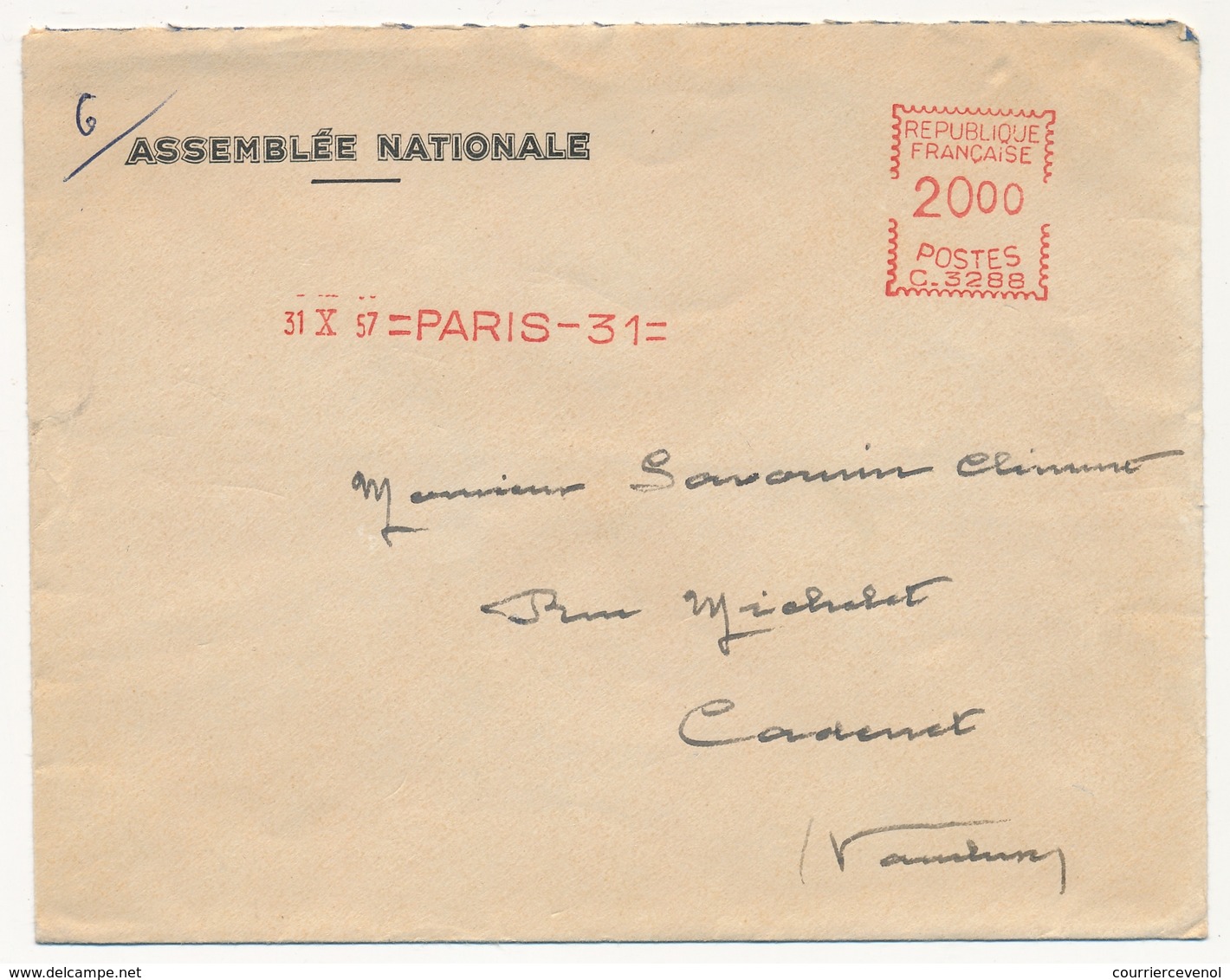 FRANCE - Env En Tête ASSEMBLEE NATIONALE - EMA Paris 31 - 31/10/1957 - Freistempel