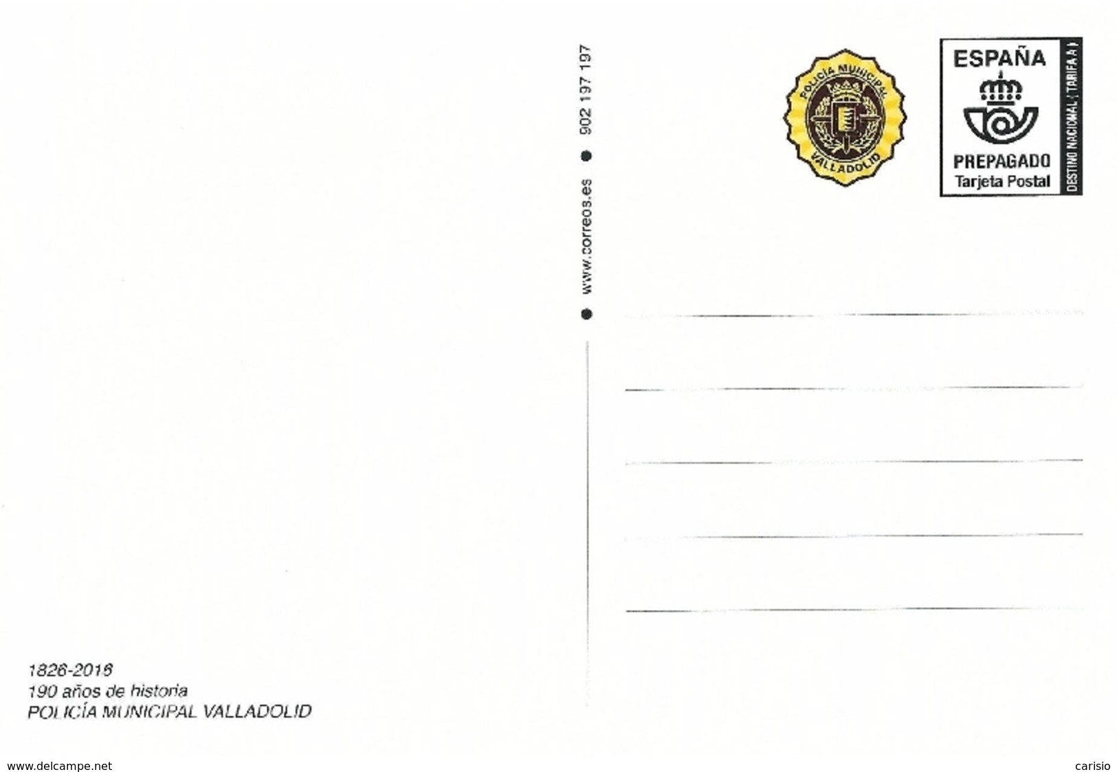 VALLADOLID. 190 ANIV. POLICIA MUNICIPAL. TARJETA  PREFRANQUEADA ESPAÑA. TARIFA A. ENTERO POSTAL. Postcard Paid Postage. - 1931-....