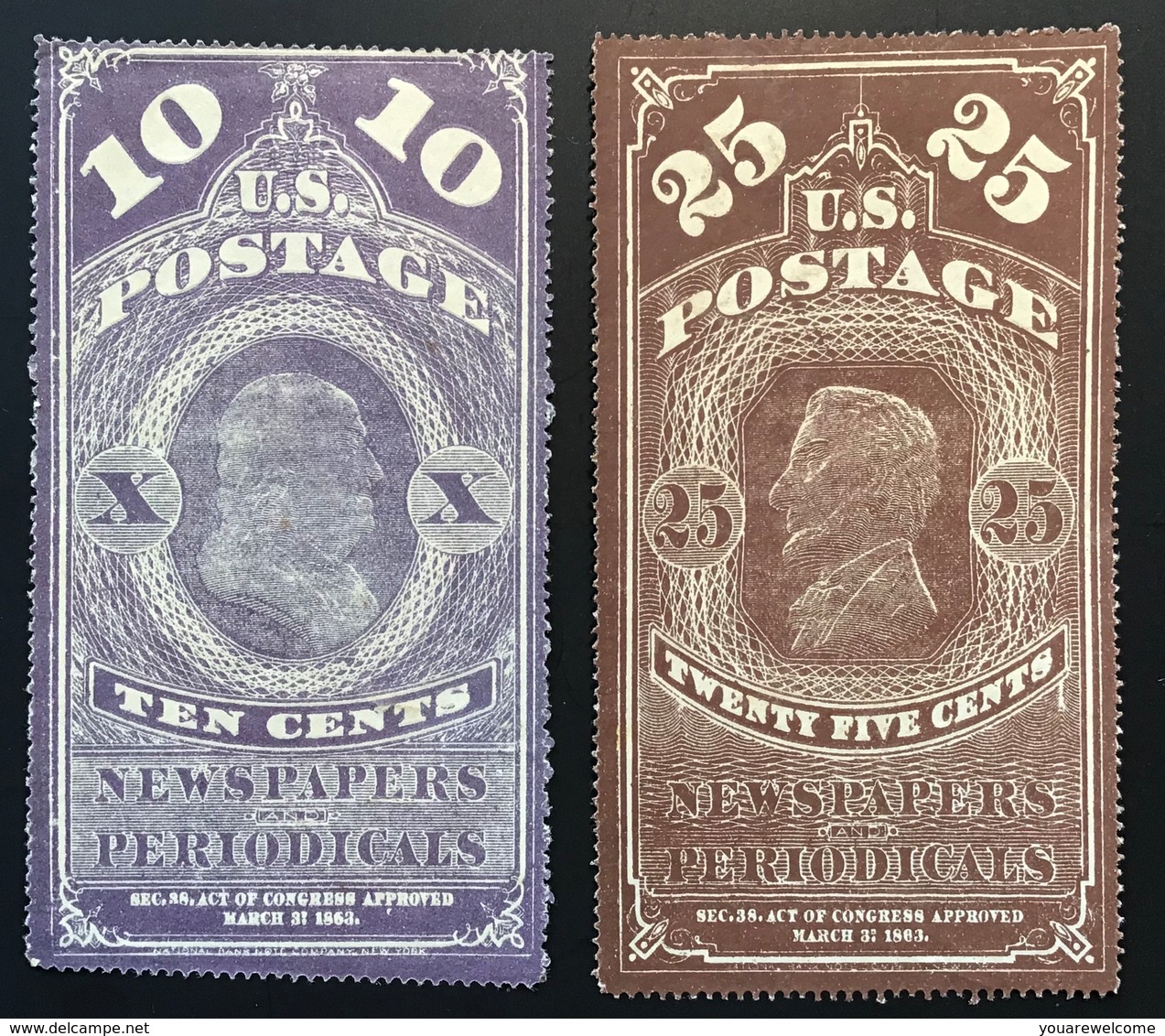 1865 Newspaper And Periodical Stamps 19th C. FORGERY Scott PR 2-3 Colour Trial (US USA FAUX FALSCH Timbres Pour Journaux - Newspaper & Periodical
