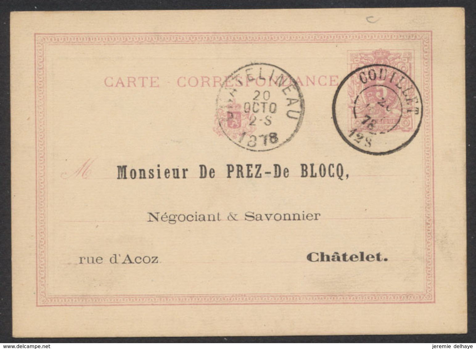 EP Au Type 5ctm Mauve Obl Double Cercle "Couillet" > Chatelet / Verso Repiquage PUB "Savonnerie & Vinaigrerie, Eaux De V - Cartes Postales 1871-1909