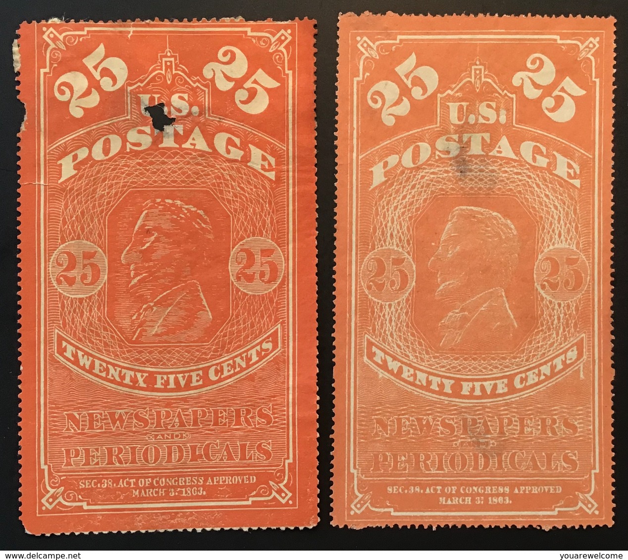 1865 Newspaper And Periodical Stamps 19th C. FORGERY TWO DIFFERENT Scott PR 3 (US USA FAUX FALSCH Timbres Pour Journaux - Newspaper & Periodical