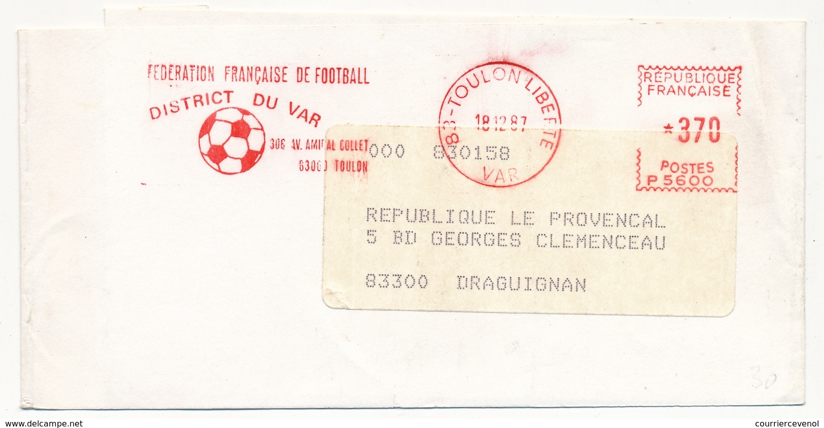 FRANCE - Bande Journal - EMA "Fédération Française De Football - District Du Var" Toulon Liberté 18/12/1987 - EMA (Empreintes Machines à Affranchir)