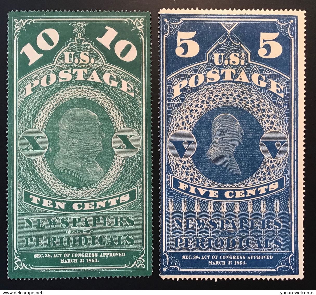 US 1865 Newspaper And Periodical Stamps 19th C. RARE FORGERY Scott PR2 + 4 Unused (USA FAUX FALSCH Timbres Pour Journaux - Zeitungsmarken & Streifbänder