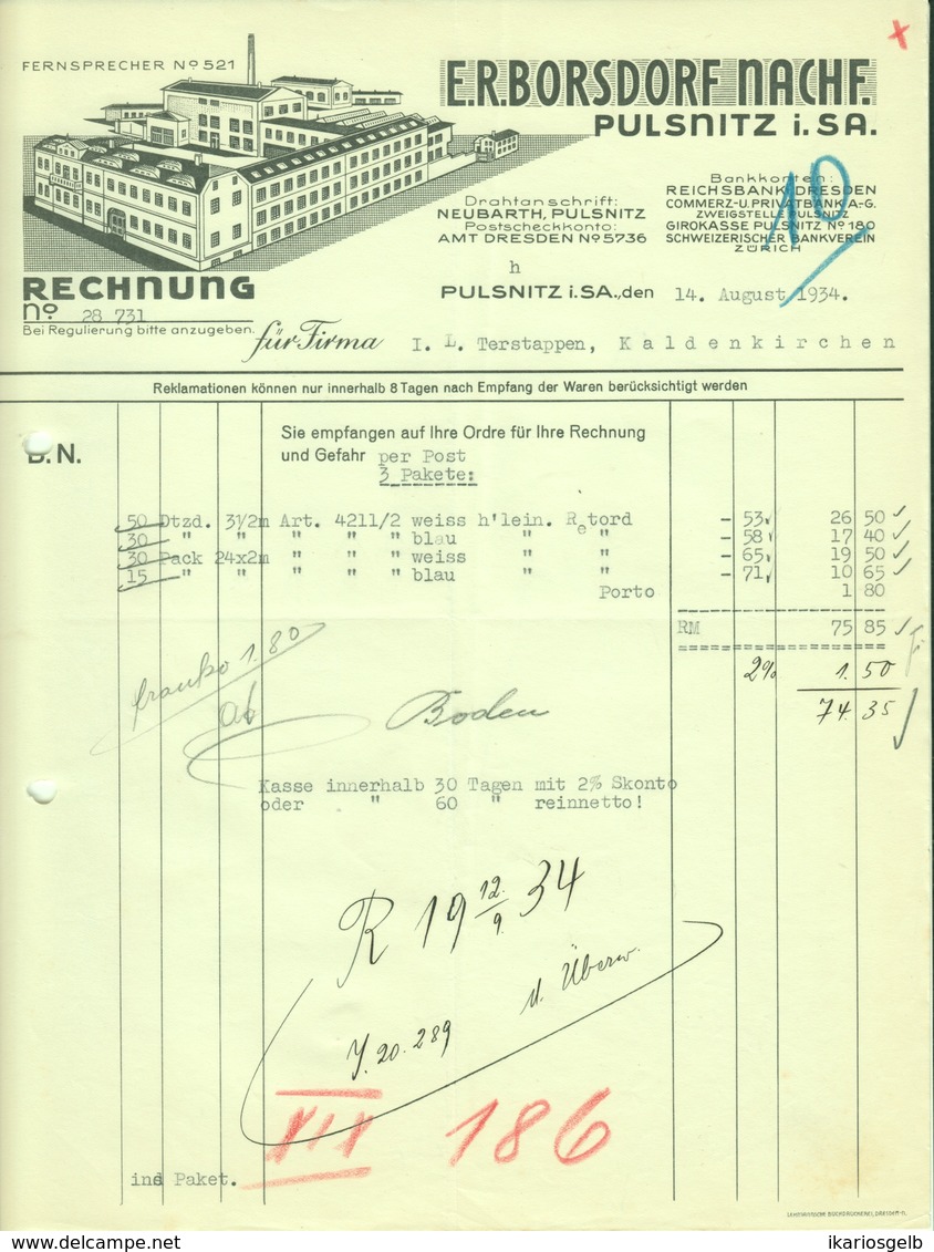 PULSNITZ Sachsen Rechnung 1934 Deko " E.R.Borsdorf Nchf. - Textilfabrik " - Vestiario & Tessile