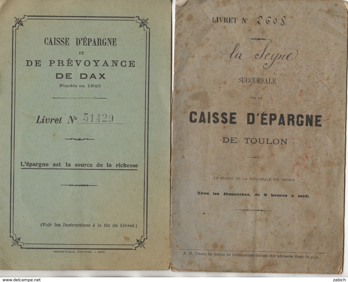 VIEUX PAPIERS 2 LIVRETS DE CAISSE D'EPARGNE  DAX 1936 TOULON  1884 - Zonder Classificatie