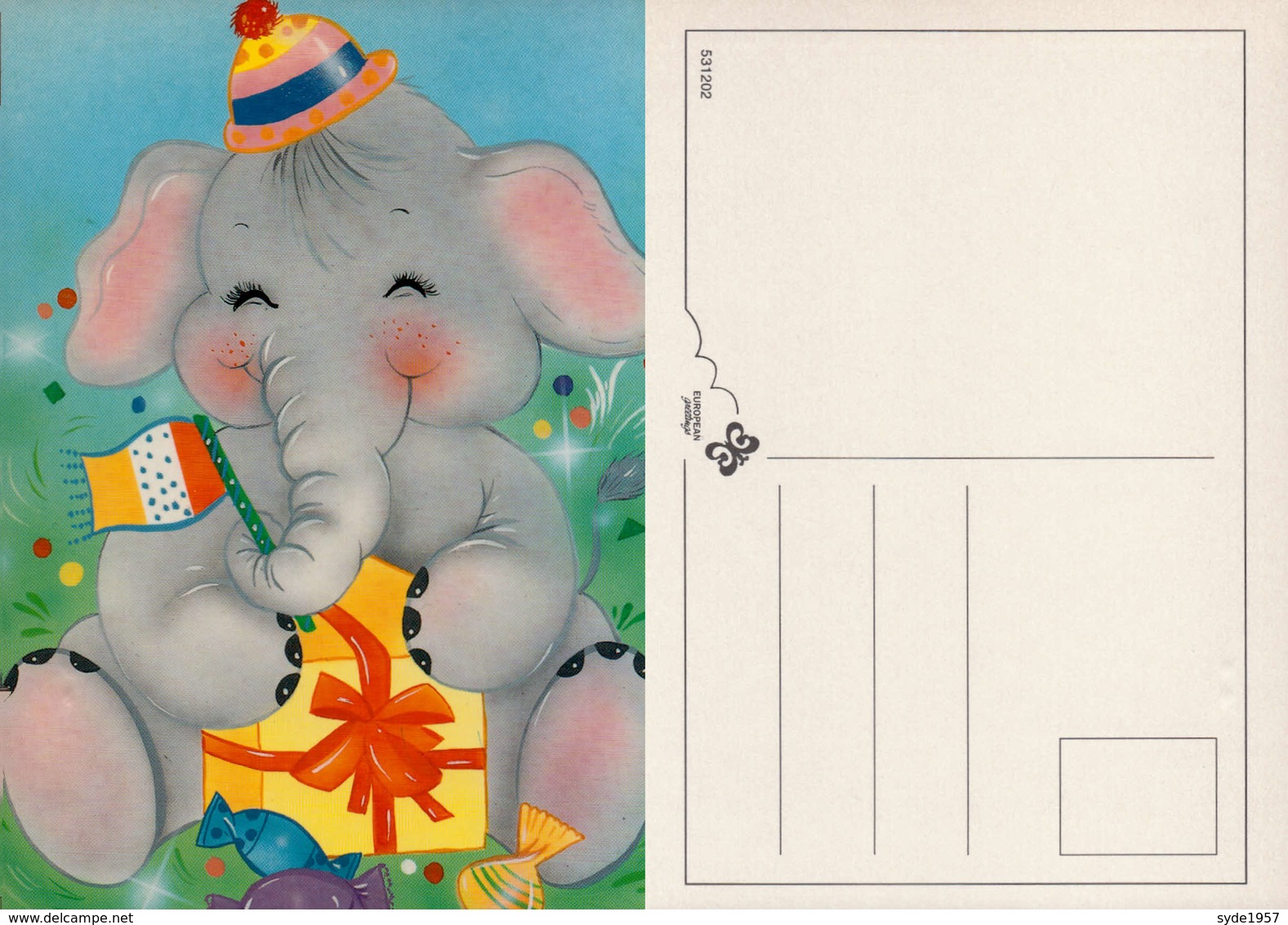 Illustration, éléphant Avec Chapeau, Drapeau Et Cadeau. European Greetings Série 531202 - Elefanten