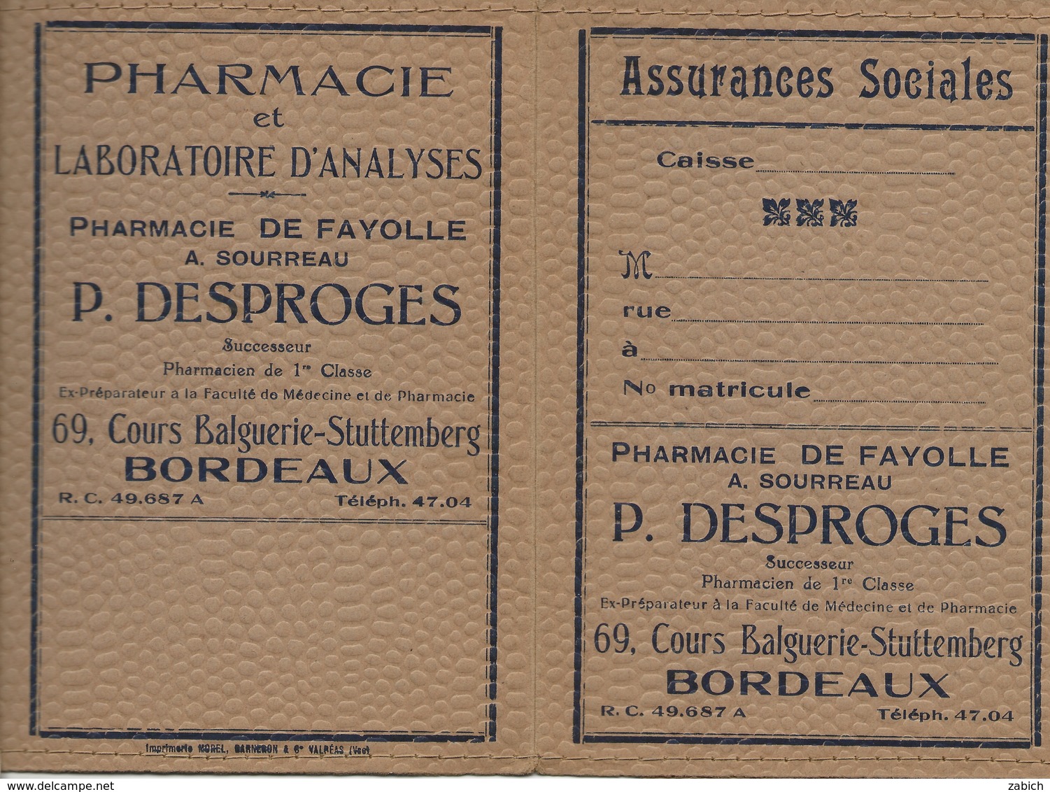 VIEUX PAPIERS PORTE ORDONNANCE PHARMACIE DESPROGES BORDEAUX - Ohne Zuordnung