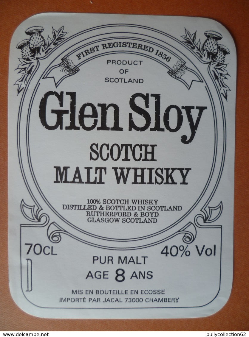 Ancienne étiquette  SCOTCH WHISKY  GLEN SLOY  Importateur Jacal  Chambery - Whisky