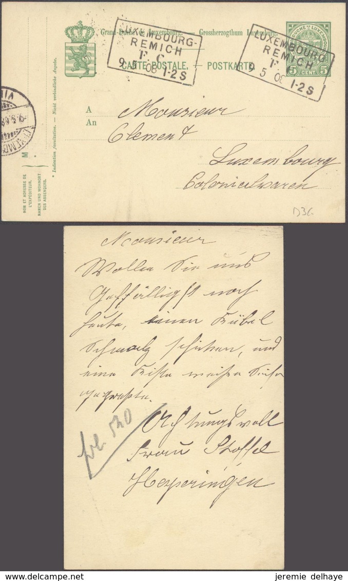 Entier Du Luxembourg Type 5cent Vert Cachet Rectangulaire "Luxembourg - Remich F.C." > Luxembourg - Postwaardestukken