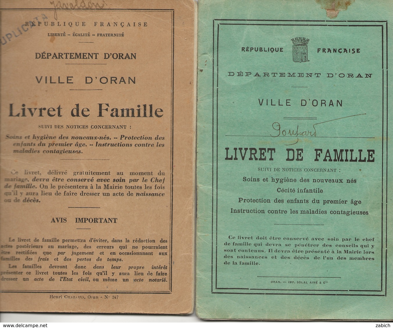 VIEUX PAPIERS 2 LIVRETS DE FAMILLE DE LA VILLE D'ORAN 1913 ET 1937 - Ohne Zuordnung